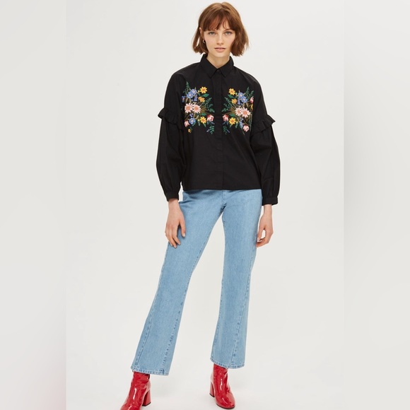 TopShop Sz US 2 Black floral embroidered button down - Picture 6 of 6